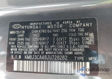 2018 Hyundai Tucson Sel из США, поврежденный, VIN KM8J3CA48JU728282